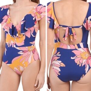 NEW NWT Trina Turk Floral Breeze Ruffle One Piece Swimsuit Tie Back Size 12